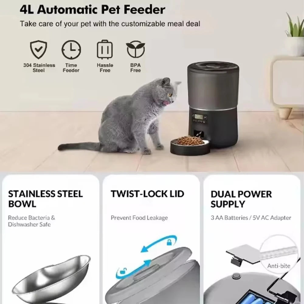 Automatic Pet Feeder 4L Capacity Smart Timer Tuya Control Food Dispenser with Stainless Steel Bowl Dogs Cats Feeding Supplies